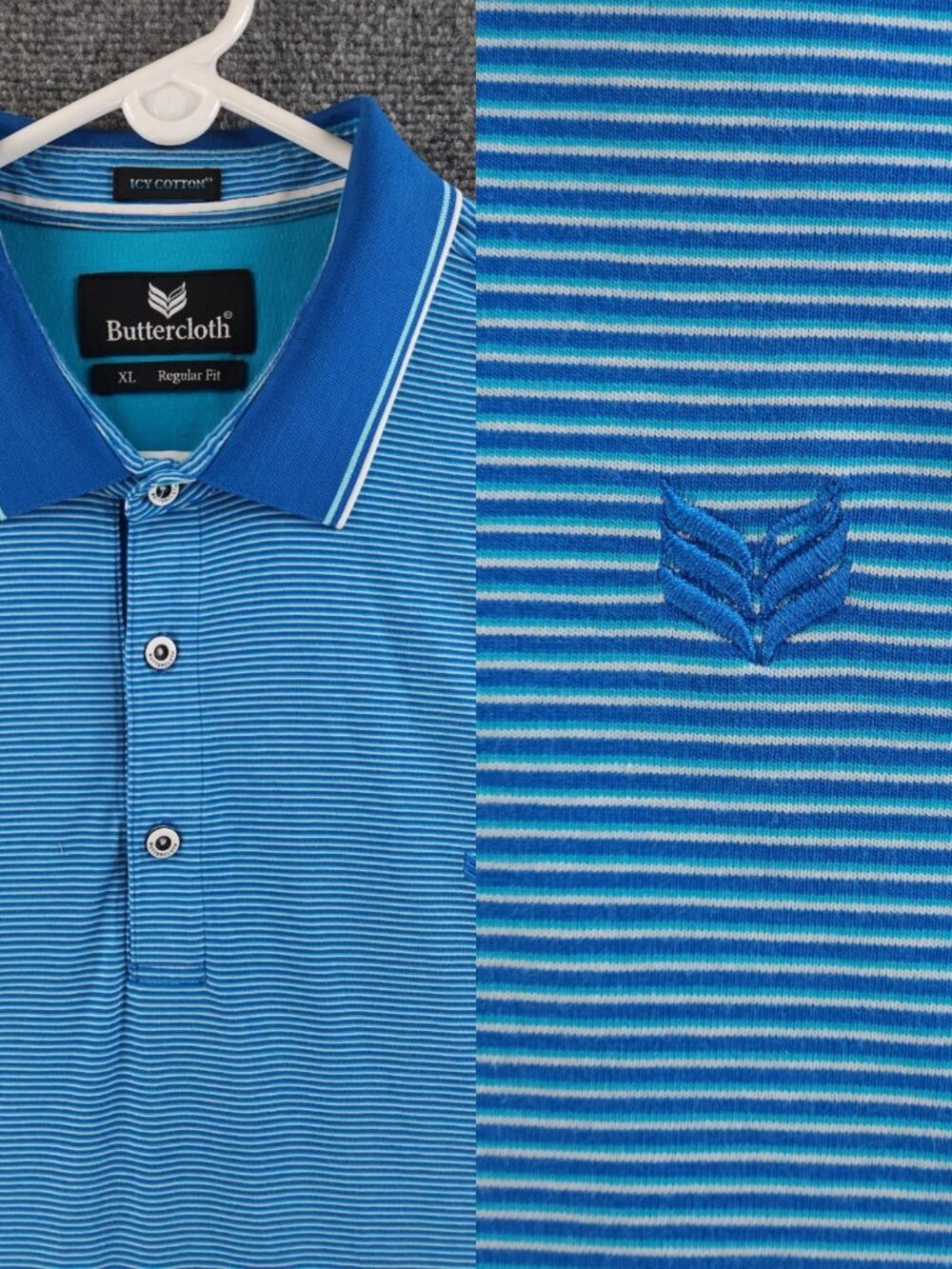 Buttercloth Icy Cotton Polo Shirt Blue Striped XL Regular Fit Short Sleeve Soft